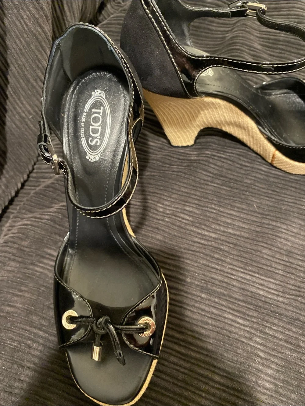 Tod's Black Patent Leather Wedge Sandals with Natural Woven Heel